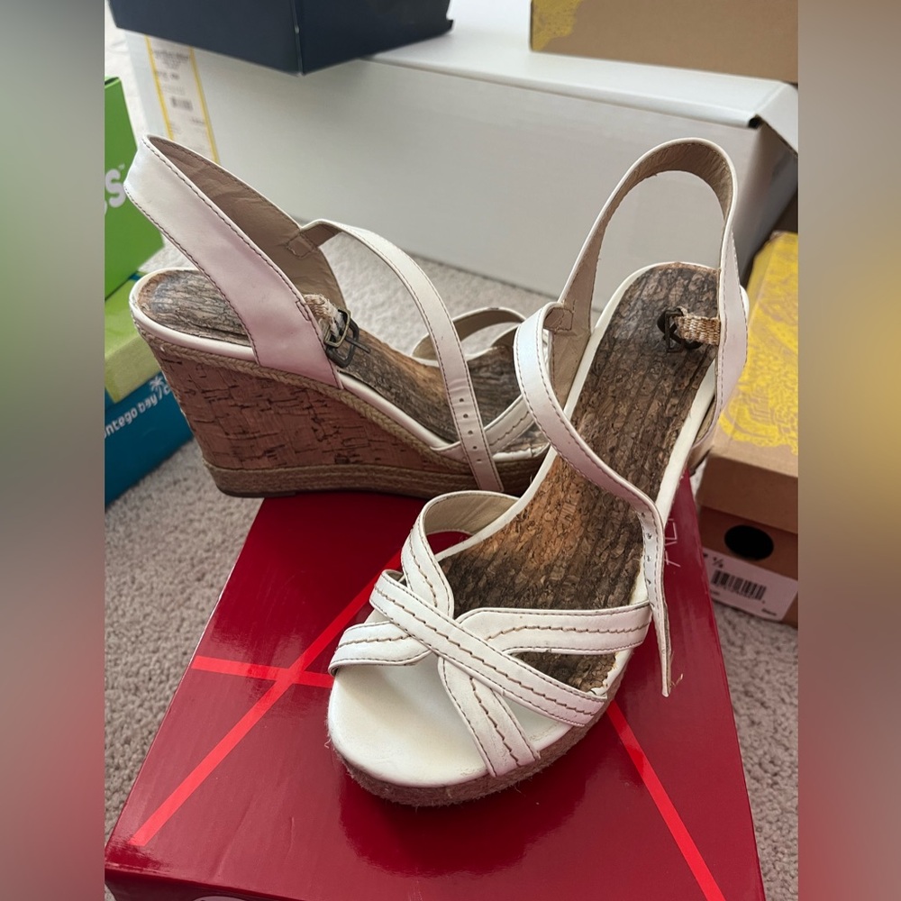 white cork wedges